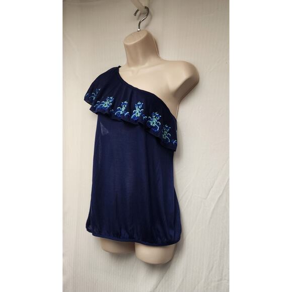 Red Camel One Shoulder Navy Blue Floral Ruffle Sleeveless Blouse Top Size XL - Picture 3 of 8